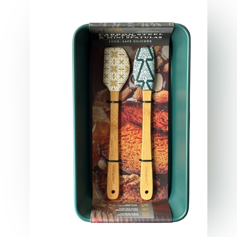 Carbon Steel Loaf Pan with Two Food Safe Mini Silicone Spatulas 9.5" Green NEW